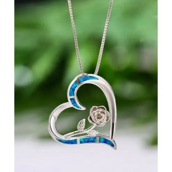 Blue OPAL ON SILVER HEART ROSE NECKLACE - Picture 6 of 6